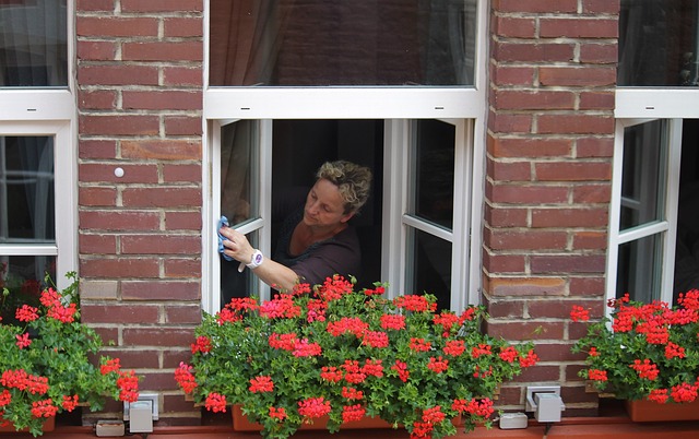 žena při mytí oken